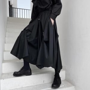 Men Buckle Adjustable Length Loose Casual Wide Leg Pants Male Japan Karajuku Style Streetwear Gothic Skirts Pants