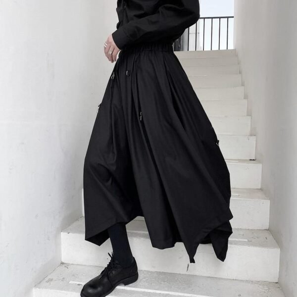 Men Buckle Adjustable Length Loose Casual Wide Leg Pants Male Japan Karajuku Style Streetwear Gothic Skirts Pants