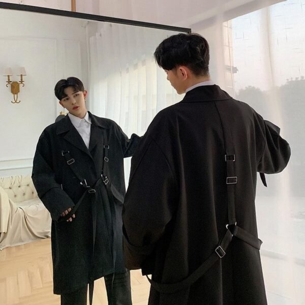 Men High Street Punk Hip Hop Ribbon Loose Long Trench Coat Spring Autumn Male Streetwear Fashion Windbreaker Jacket