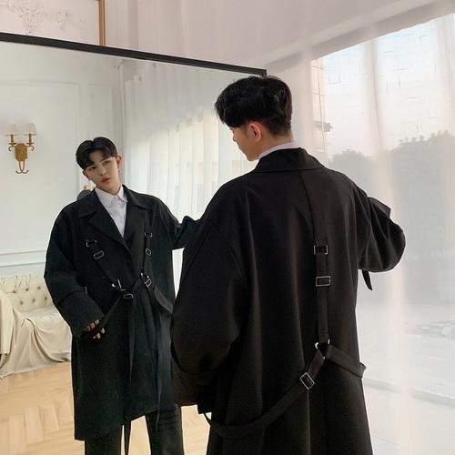 Men High Street Punk Hip Hop Ribbon Loose Long Trench Coat Spring Autumn Male Streetwear Fashion Windbreaker Jacket