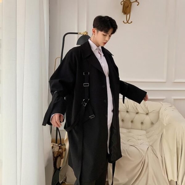 Men High Street Punk Hip Hop Ribbon Loose Long Trench Coat Spring Autumn Male Streetwear Fashion Windbreaker Jacket