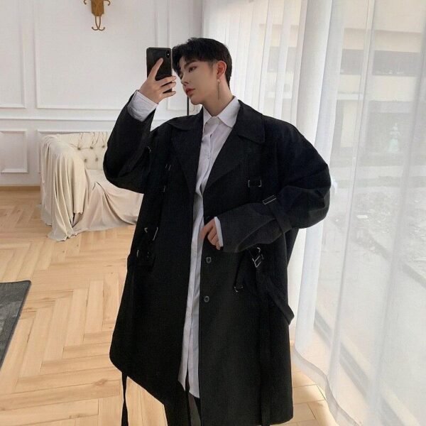 Men High Street Punk Hip Hop Ribbon Loose Long Trench Coat Spring Autumn Male Streetwear Fashion Windbreaker Jacket