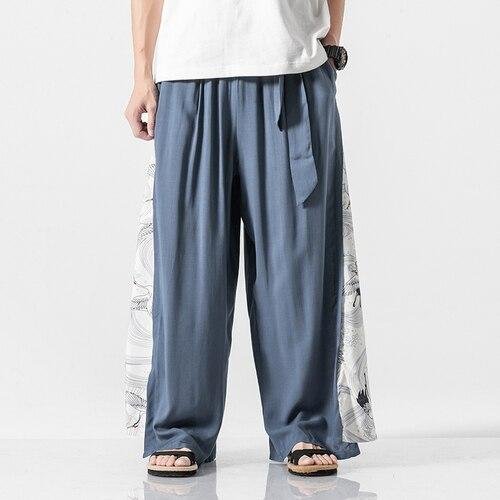 Men cotton linen Casual Loose Straight Wide Leg Pants Men Skirt Pant Streetwear Gothic Trousers Stage Show Clothing