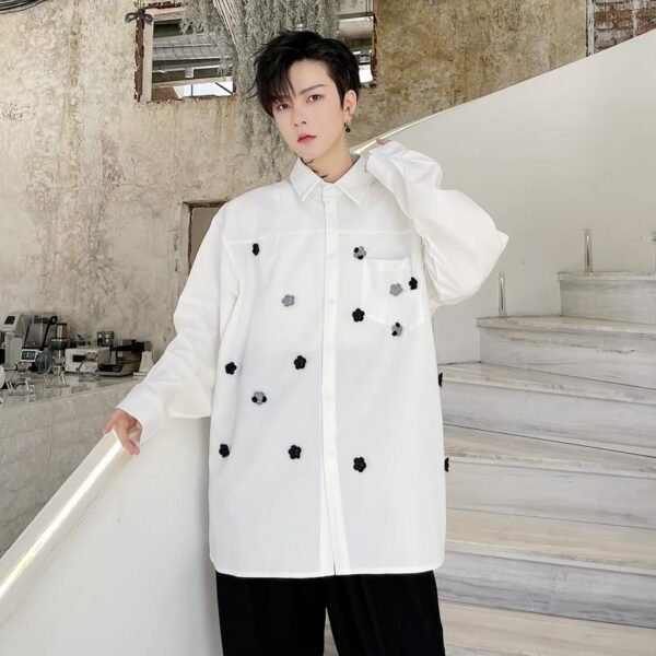 KK1749/P95 Pure Color Handmade Flower Design Loose Long Sleeve Shirt