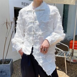 A452--6150--P85 New Dark Chinese Style Special Disc Button Long-sleeved Shirt Fashion Tassel T-shirt