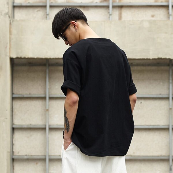 TP1P65 Fresh Black Yamamoto Yew Style Breathable Linen Solid Color Top Japanese Casual Linen Male Middle Sleeve