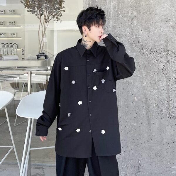 KK1749/P95 Pure Color Handmade Flower Design Loose Long Sleeve Shirt