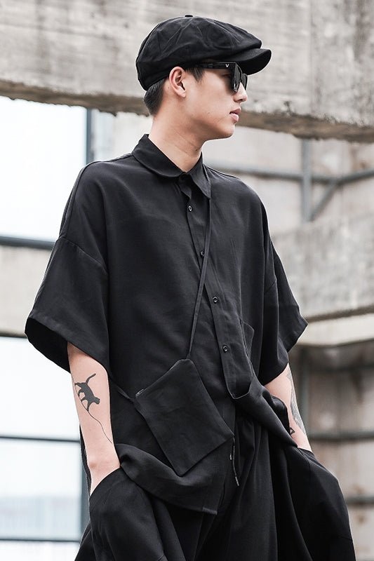 Y044P75 Original Dark Japanese Yamamoto Style Loose Shoulders with Small Bag Men's Short-sleeved Shirt