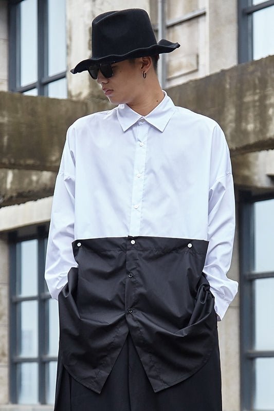 Y034P95 Original Dark Japanese Style Yamamoto Style Black and White Men's Mid-Length Shirt .