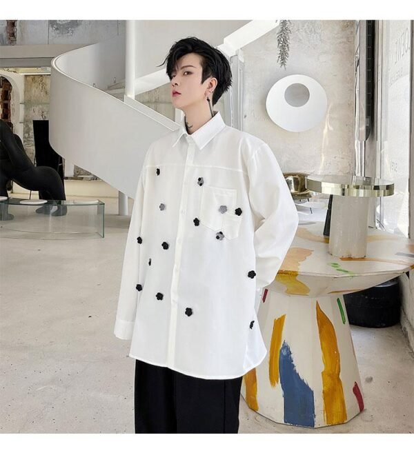 KK1749/P95 Pure Color Handmade Flower Design Loose Long Sleeve Shirt