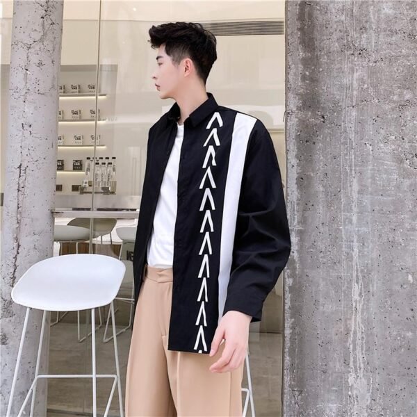 S84-P70 Autumn New Trend Personality Design Hit Color Print Long-sleeved Loose-fitting Casual Shirt