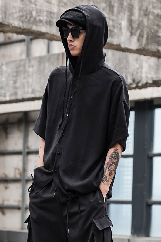 Y048p80 Original Design Dark Yamamoto Style Hooded Loose Off Shoulder Men's Shirt Top