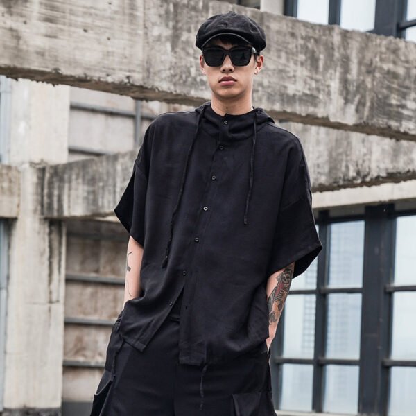 Y045P80 Original Design Dark Japanese Yamamoto Style Cap Loose Fall Shoulder Drawstring Men's Shirt Top .