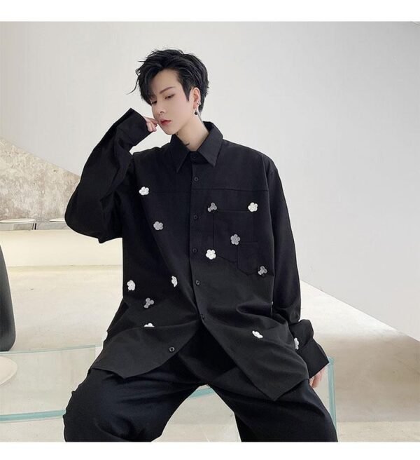 KK1749/P95 Pure Color Handmade Flower Design Loose Long Sleeve Shirt