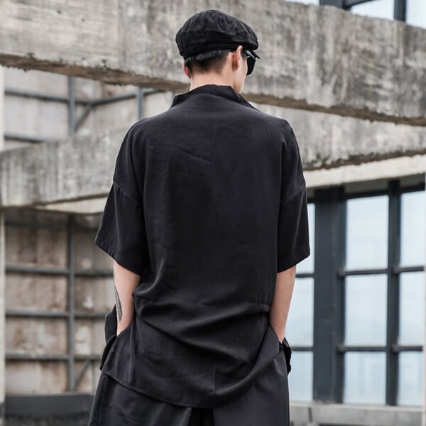 Y047P80 Original Design Dark Japanese Yamamoto Style Loose Front Long Back Short Stand Collar Men's Shirt Top