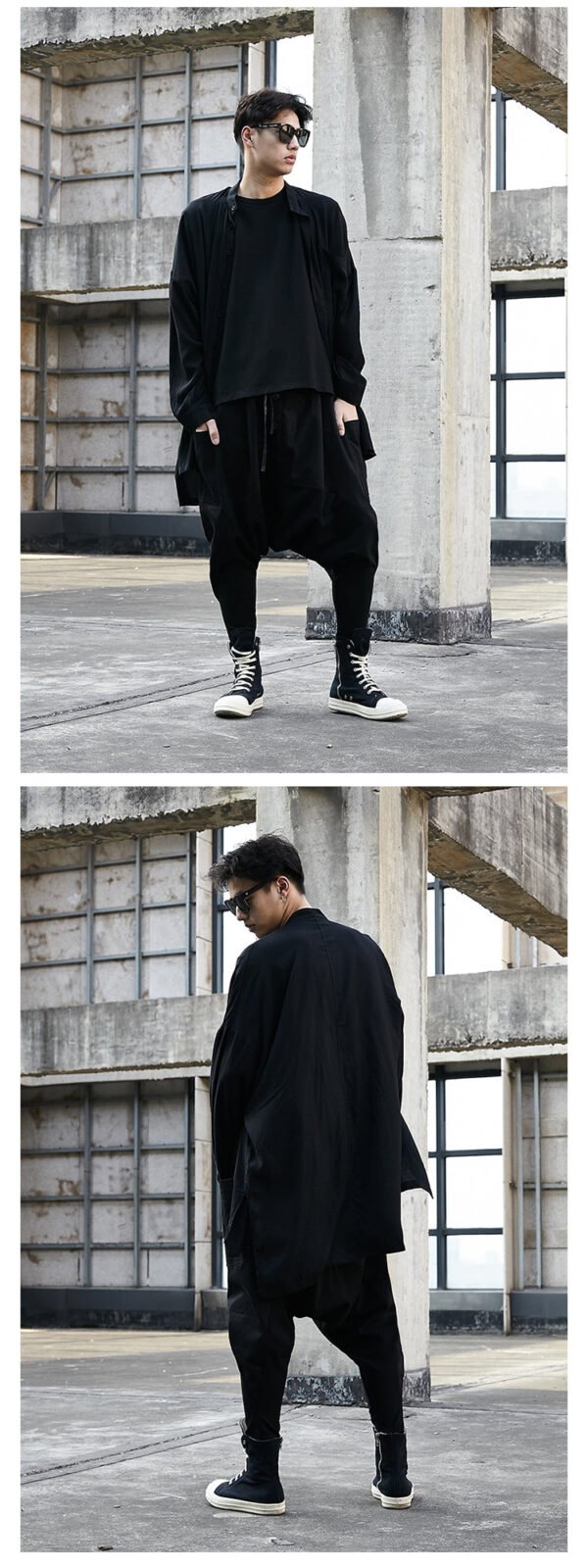 Y021P85 Yohji Show Front Short Back BLACK Cardigan Mountain Breeze Loose Dark Black Men Stand Collar Silk Slip Shirt .