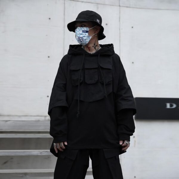 B251-WY15-P130 Dark Fake Two-piece Functional Hip-hop Hooded Stitching Oversize Sweater Jacket