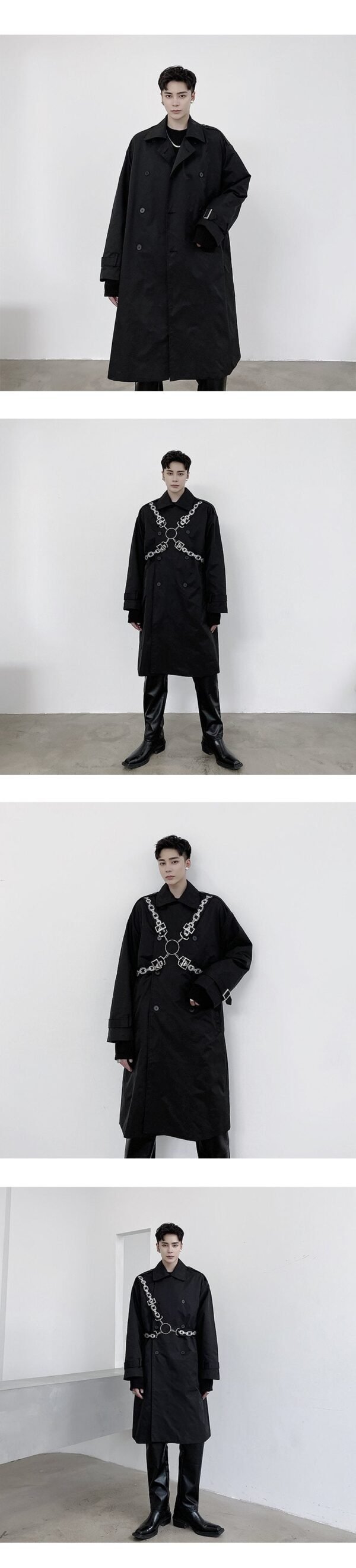 P1453802 Personalized Chain Printing Bandage Various Wearing Methods Fashionable Design Long Windbreaker Coat