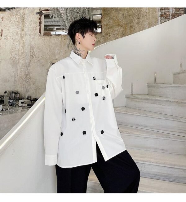 KK1749/P95 Pure Color Handmade Flower Design Loose Long Sleeve Shirt