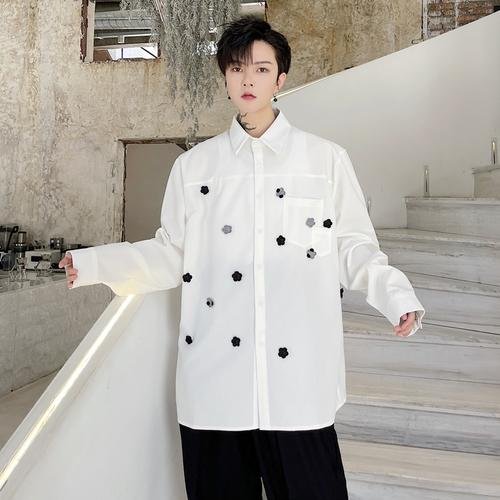 KK1749/P95 Pure Color Handmade Flower Design Loose Long Sleeve Shirt