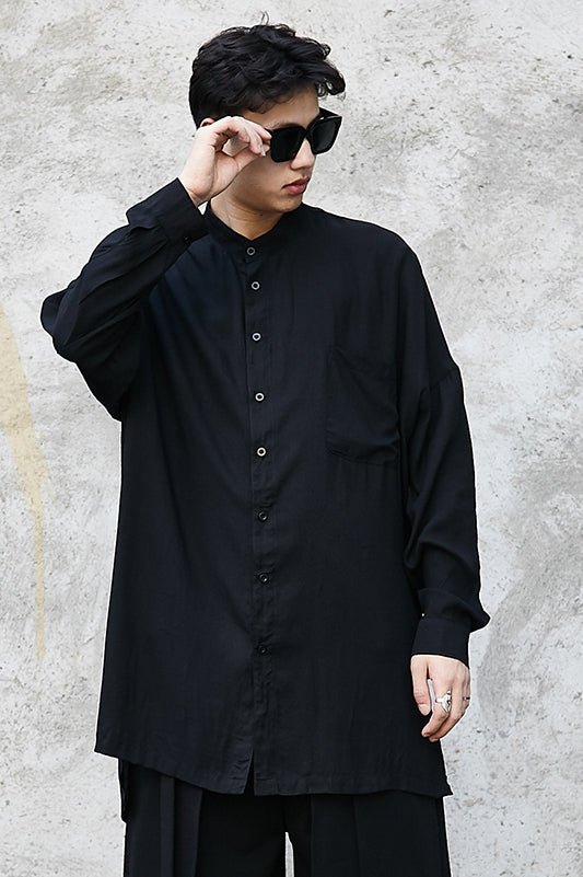 Y021P85 Yohji Show Front Short Back BLACK Cardigan Mountain Breeze Loose Dark Black Men Stand Collar Silk Slip Shirt .