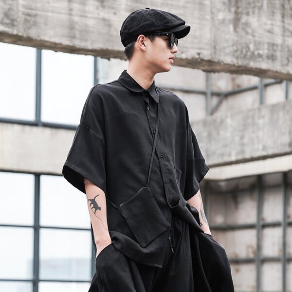 Y044P75 Original Dark Japanese Yamamoto Style Loose Shoulders with Small Bag Men's Short-sleeved Shirt