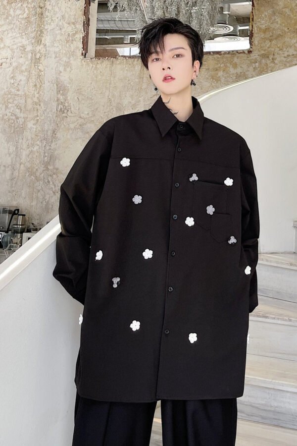 KK1749/P95 Pure Color Handmade Flower Design Loose Long Sleeve Shirt