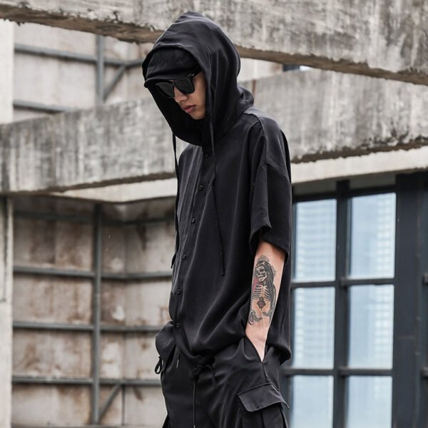 Y048p80 Original Design Dark Yamamoto Style Hooded Loose Off Shoulder Men's Shirt Top