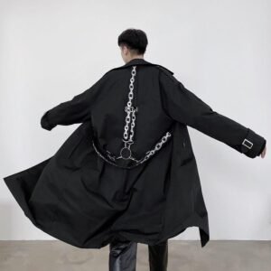 P1453802 Personalized Chain Printing Bandage Various Wearing Methods Fashionable Design Long Windbreaker Coat