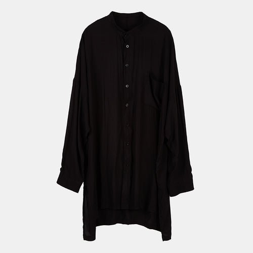 Y021P85 Yohji Show Front Short Back BLACK Cardigan Mountain Breeze Loose Dark Black Men Stand Collar Silk Slip Shirt .