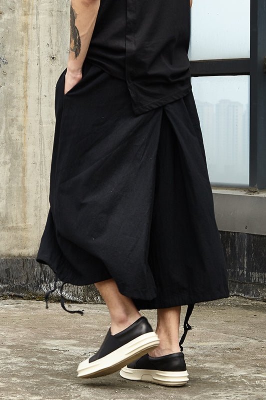 X044p85 Original DesignJanpese Style Cotton Hemp Loose Wide Leg Drawstring Dark Men's Casual Pants Skirt Retro