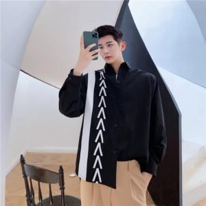 S84-P70 Autumn New Trend Personality Design Hit Color Print Long-sleeved Loose-fitting Casual Shirt