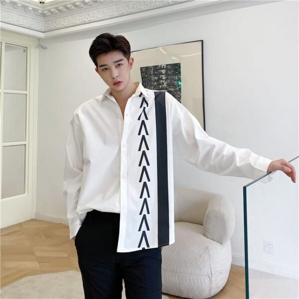 S84-P70 Autumn New Trend Personality Design Hit Color Print Long-sleeved Loose-fitting Casual Shirt