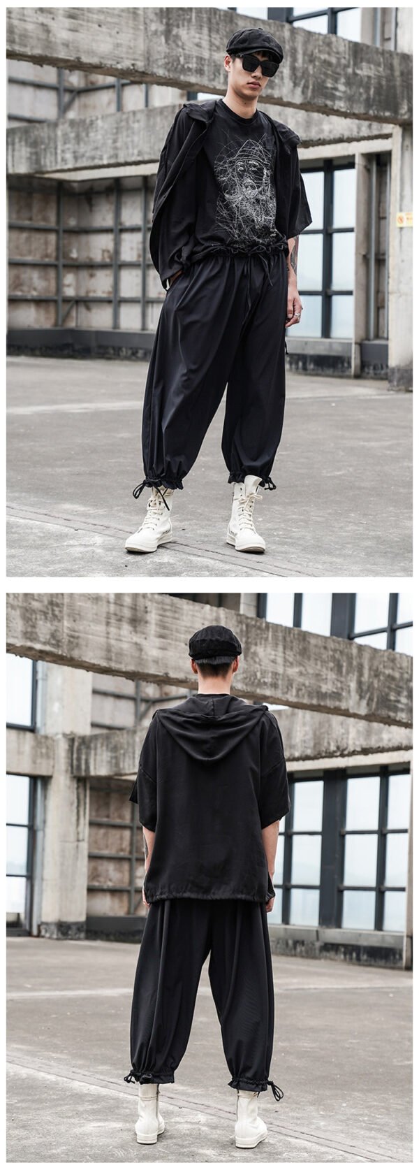 Y045P80 Original Design Dark Japanese Yamamoto Style Cap Loose Fall Shoulder Drawstring Men's Shirt Top .