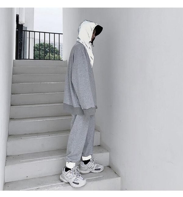 KK1481 Autumn Reflective Cloth Splicing Hooded Elastic Waist Men's Leisure Sports Suit