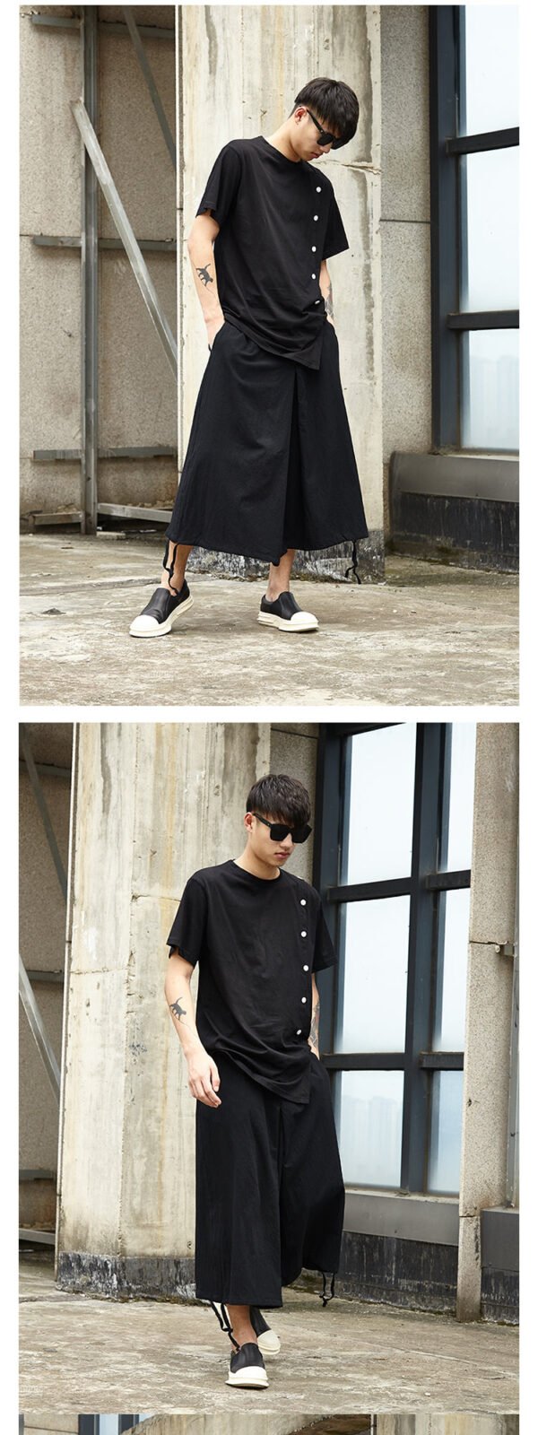 X044p85 Original DesignJanpese Style Cotton Hemp Loose Wide Leg Drawstring Dark Men's Casual Pants Skirt Retro
