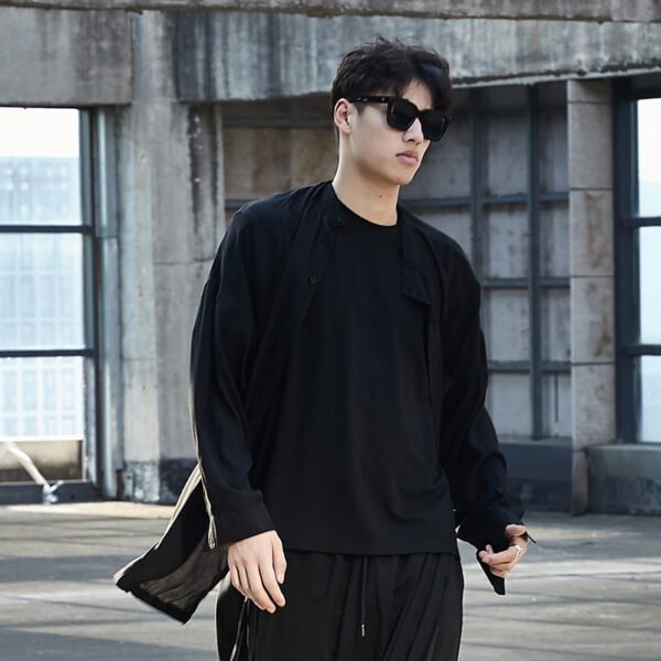 Y021P85 Yohji Show Front Short Back BLACK Cardigan Mountain Breeze Loose Dark Black Men Stand Collar Silk Slip Shirt .