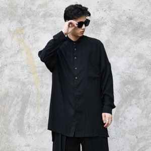 Y021P85 Yohji Show Front Short Back BLACK Cardigan Mountain Breeze Loose Dark Black Men Stand Collar Silk Slip Shirt .