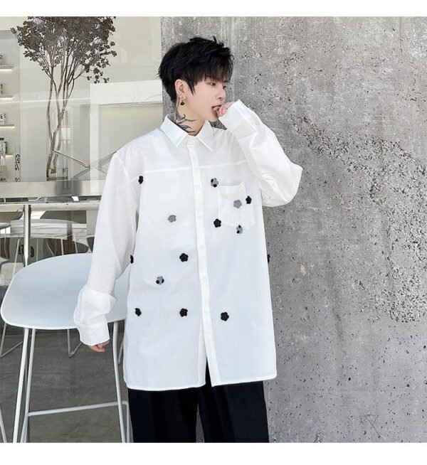 KK1749/P95 Pure Color Handmade Flower Design Loose Long Sleeve Shirt