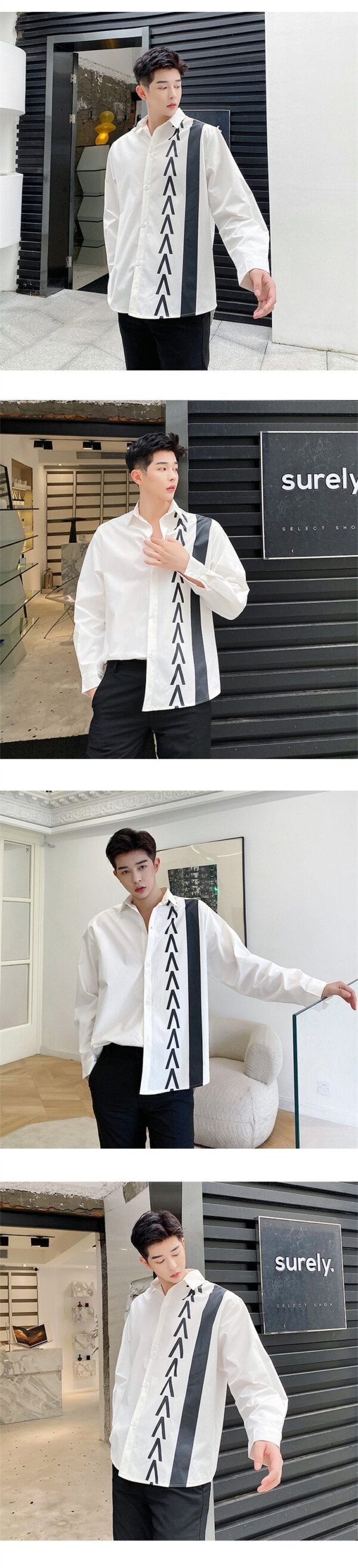 S84-P70 Autumn New Trend Personality Design Hit Color Print Long-sleeved Loose-fitting Casual Shirt