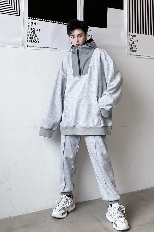 KK1481 Autumn Reflective Cloth Splicing Hooded Elastic Waist Men's Leisure Sports Suit