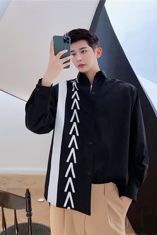 S84-P70 Autumn New Trend Personality Design Hit Color Print Long-sleeved Loose-fitting Casual Shirt