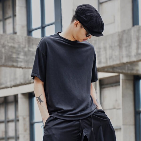 Y043P65 Original Design Dark Black Yamamoto Style Round Collar Men's Short-sleeved T Shirt