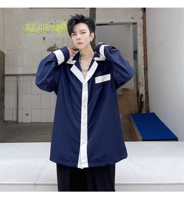 KK1746/P100 Suit Collar Stitching Contrast Color Men's Loose Long-sleeved Shirt