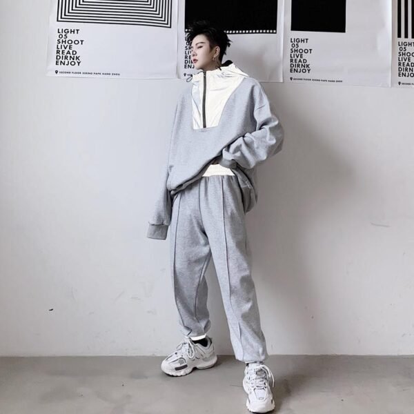 KK1481 Autumn Reflective Cloth Splicing Hooded Elastic Waist Men's Leisure Sports Suit