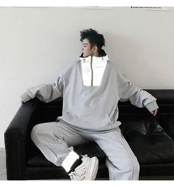 KK1481 Autumn Reflective Cloth Splicing Hooded Elastic Waist Men's Leisure Sports Suit