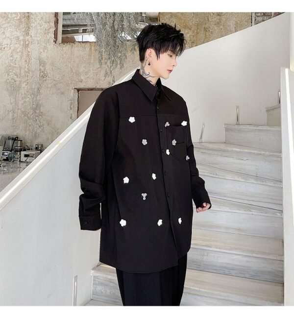 KK1749/P95 Pure Color Handmade Flower Design Loose Long Sleeve Shirt