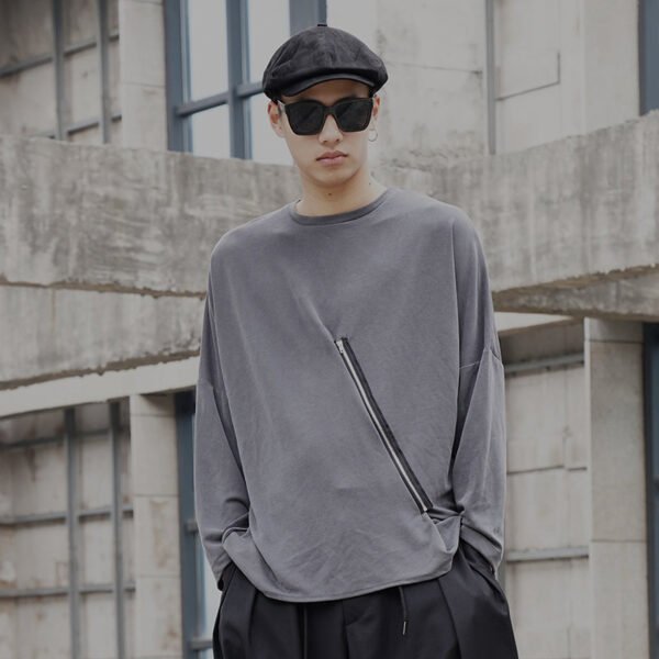 Y035P90 Original Design New Dark Yamamoto Style Zip Perforated Long-sleeved T-shirt