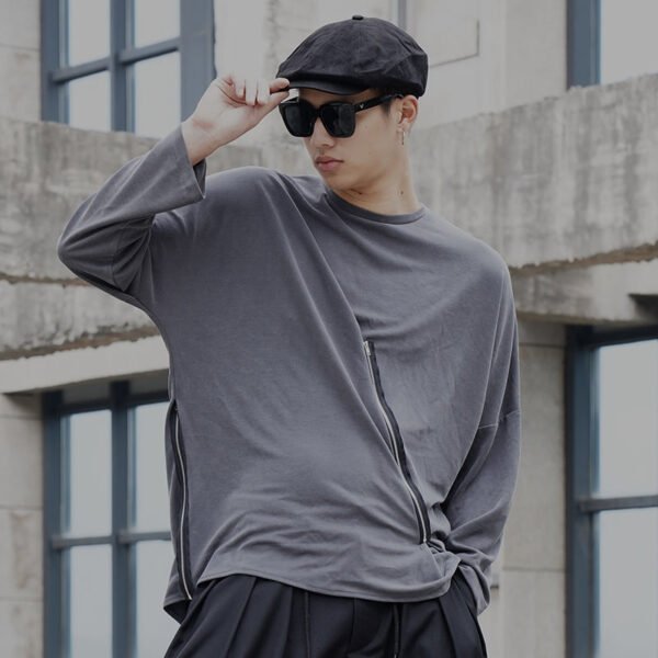 Y035P90 Original Design New Dark Yamamoto Style Zip Perforated Long-sleeved T-shirt