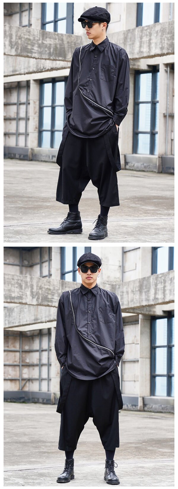 Y038P100 Original Design Dark Black Yamamoto Yaoshi Style Zipper Long Sleeve Long Length Shirt